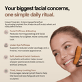 Product advertisement with text about facial concerns and a woman using a tool on her face.