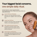 Product advertisement with text about facial concerns and a woman using a tool on her face.