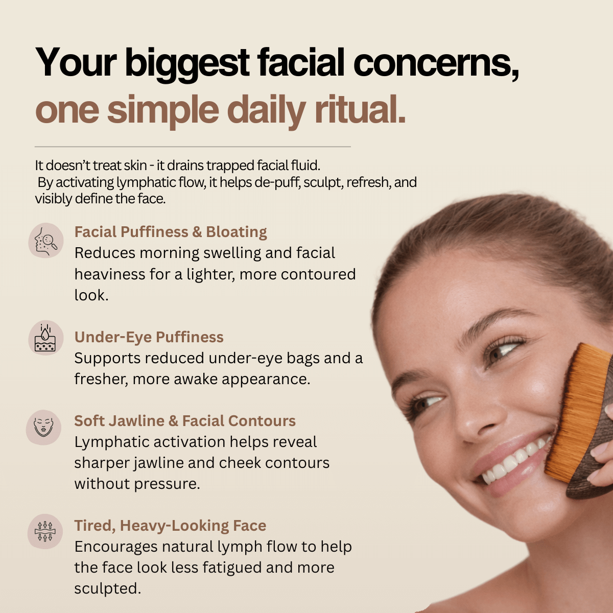 Product advertisement with text about facial concerns and a woman using a tool on her face.