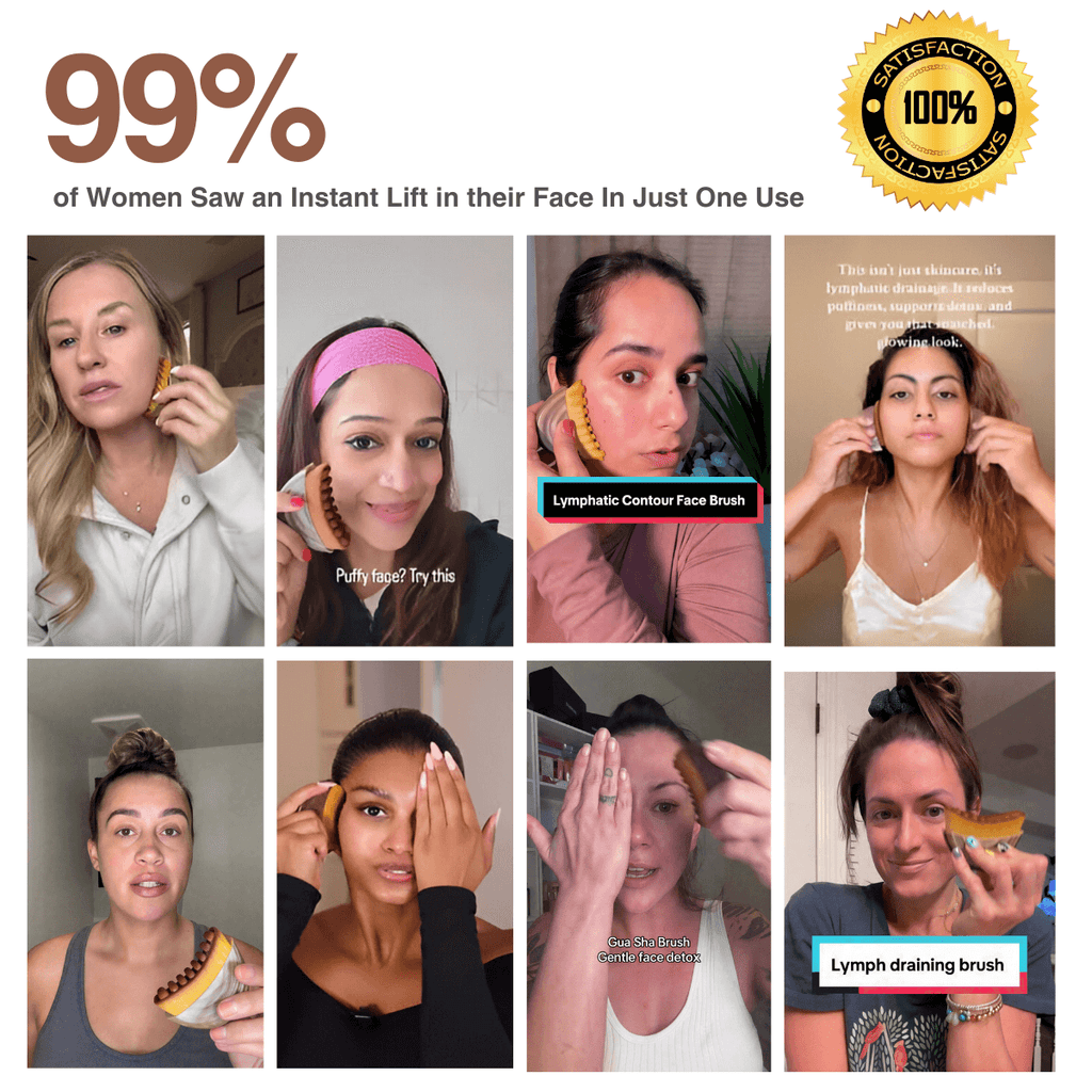 Collage of women using a face brush with text about product effectiveness.