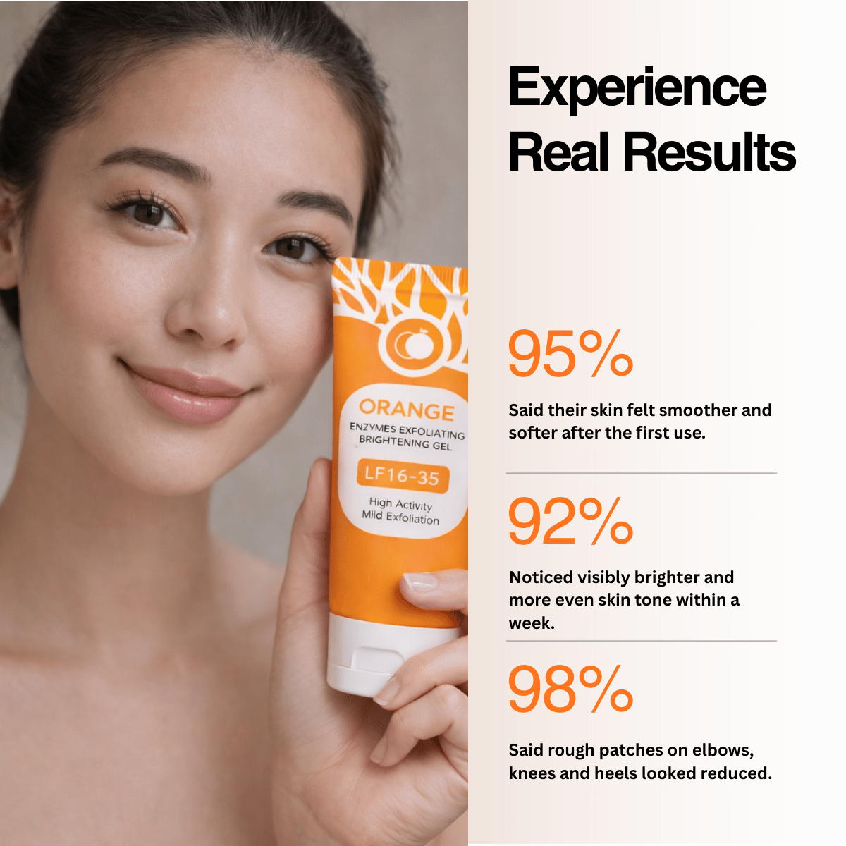 Woman holding a skincare product with success statistics on a beige background