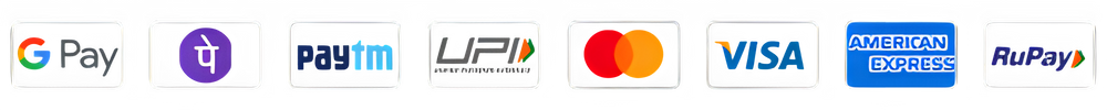 Logos of various payment methods including Google Pay, PhonePe, Paytm, UPI, Mastercard, Visa, American Express, and RuPay.