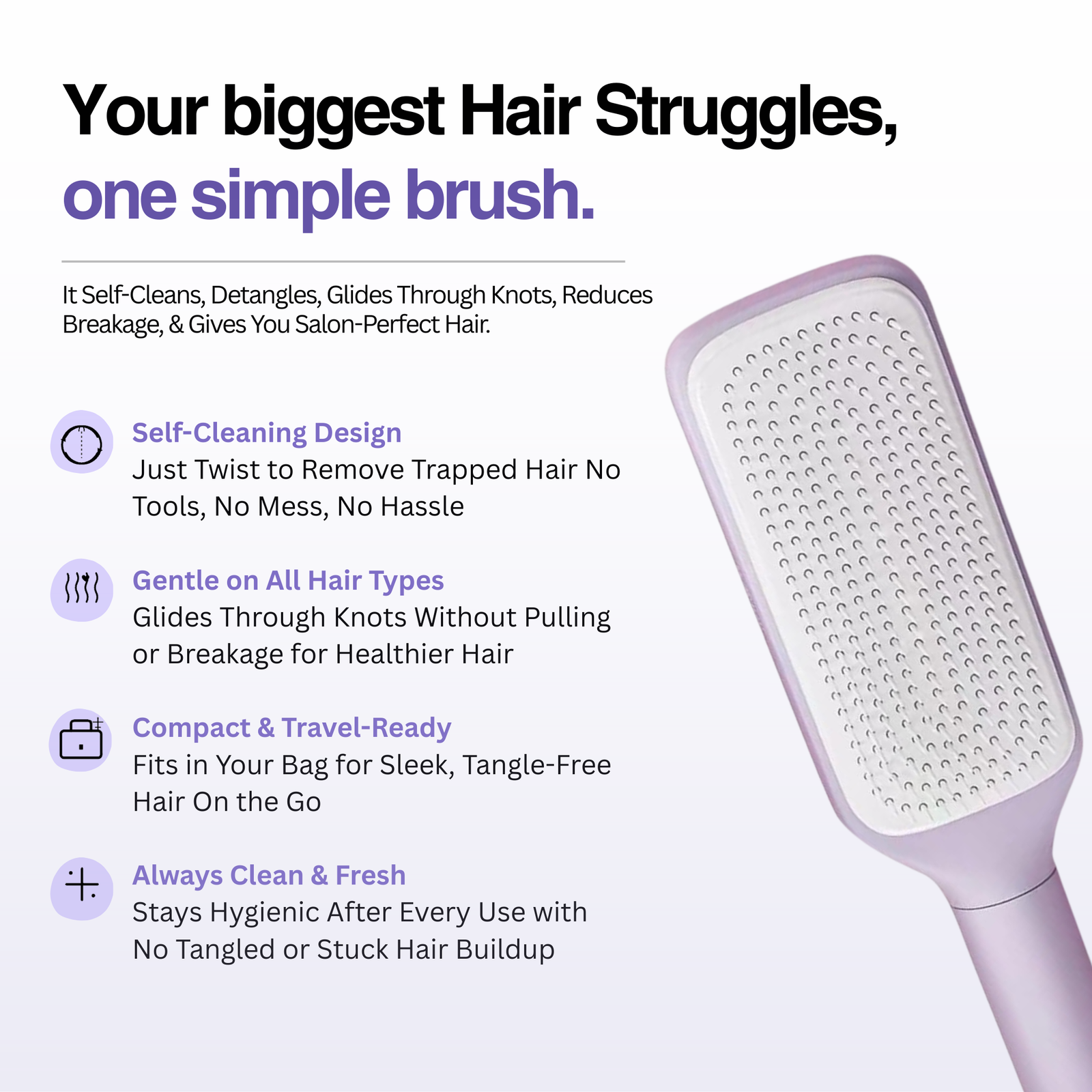 Self Rotating Hairbrush with features listed on a white background