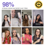 Collage of people using a hairbrush with text about hairfall reduction and satisfaction.
