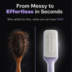 Hairbrush transformation from messy to effortless with text on a black background