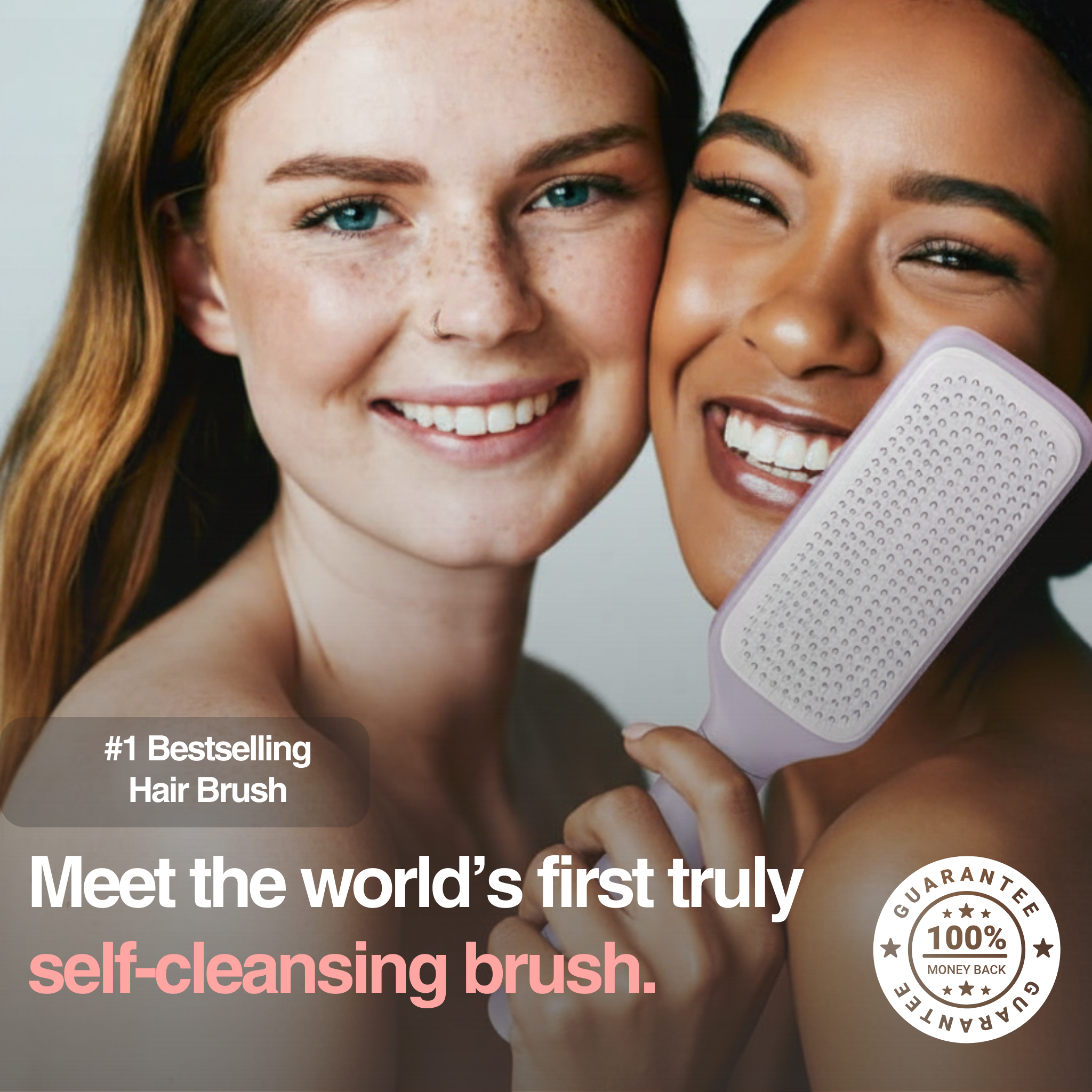 Two women holding a self-cleansing hair brush with promotional text and branding.