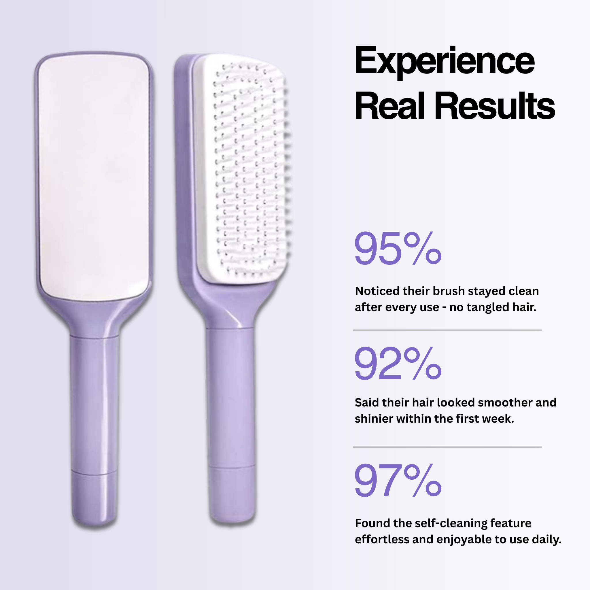 Two hairbrushes with statistics on a light purple background