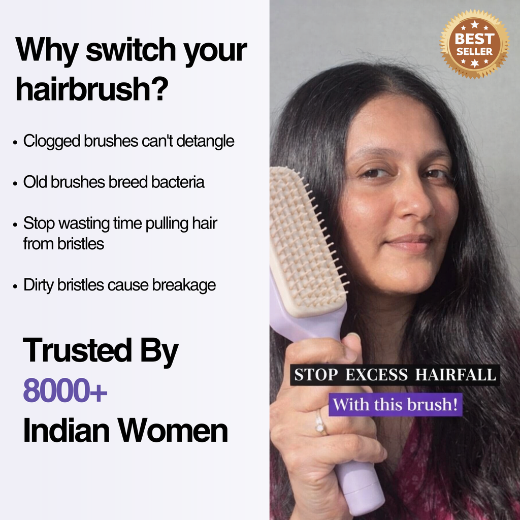 Advertisement for a hairbrush with text about its benefits and a woman using it.
