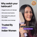 Advertisement for a hairbrush with text about its benefits and a woman using it.