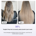 Before and after comparison of hair transformation with text indicating results.