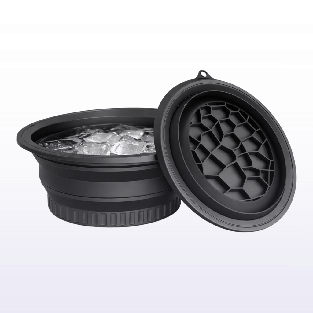 Black honeycomb cooler with ice on a white background