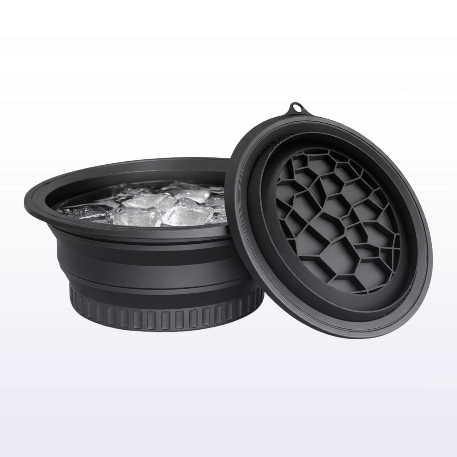Black honeycomb cooler with ice on a white background