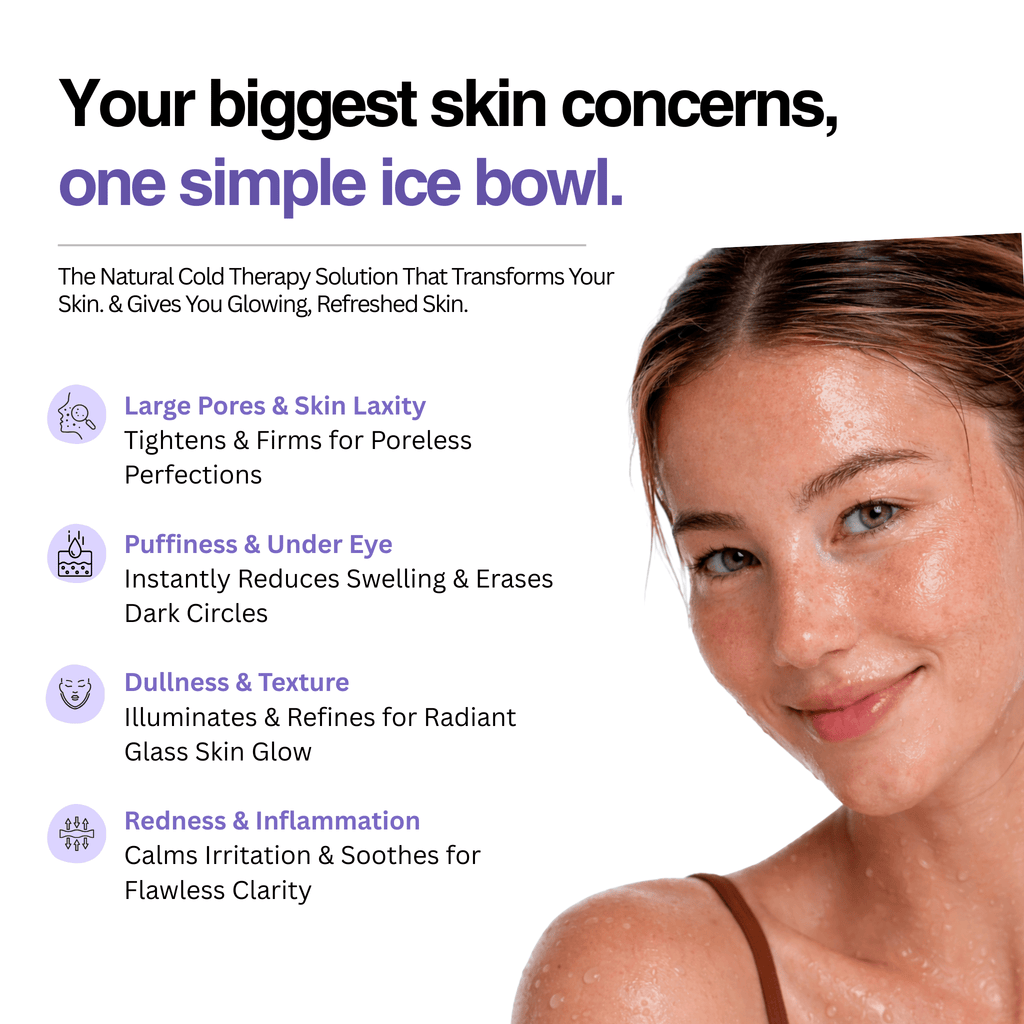 Advertisement for a skin care product with a woman's face and text about skin concerns.
