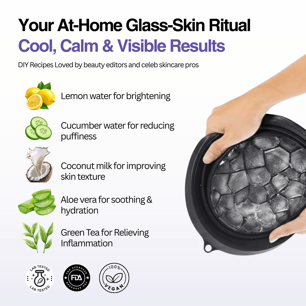 Glass skin ritual with ingredients and benefits listed, featuring a hand holding a black container with stones.
