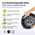 Glass skin ritual with ingredients and benefits listed, featuring a hand holding a black container with stones.