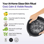 Glass skin ritual with ingredients and benefits listed, featuring a hand holding a black container with stones.