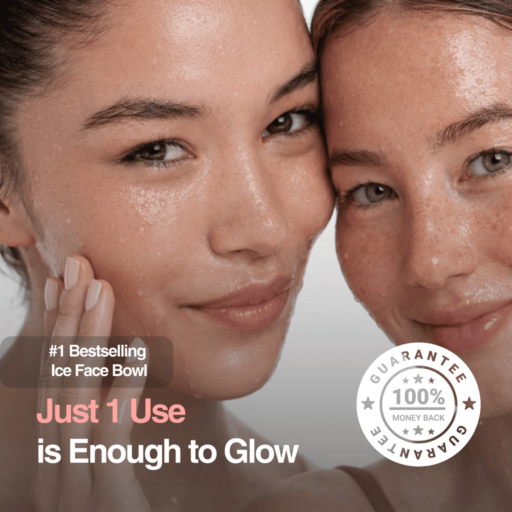 Two women with glowing skin, featuring a product guarantee badge.