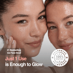 Two women with glowing skin, featuring a product guarantee badge.