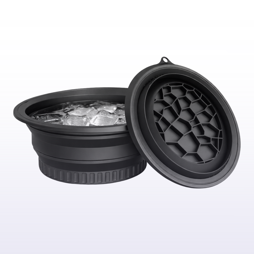 Black collapsible ice bucket with textured lid on a white background