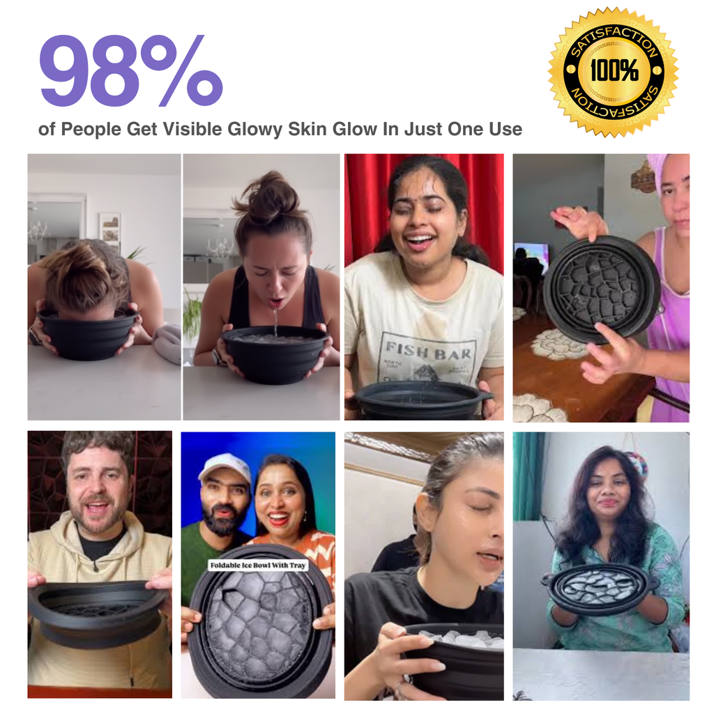 Collage of people using a product with text claiming 98% get visible glowy skin glow in just one use.