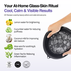At-home glass-skin ritual with ingredients and benefits listed, featuring a hand holding a black container with ice.